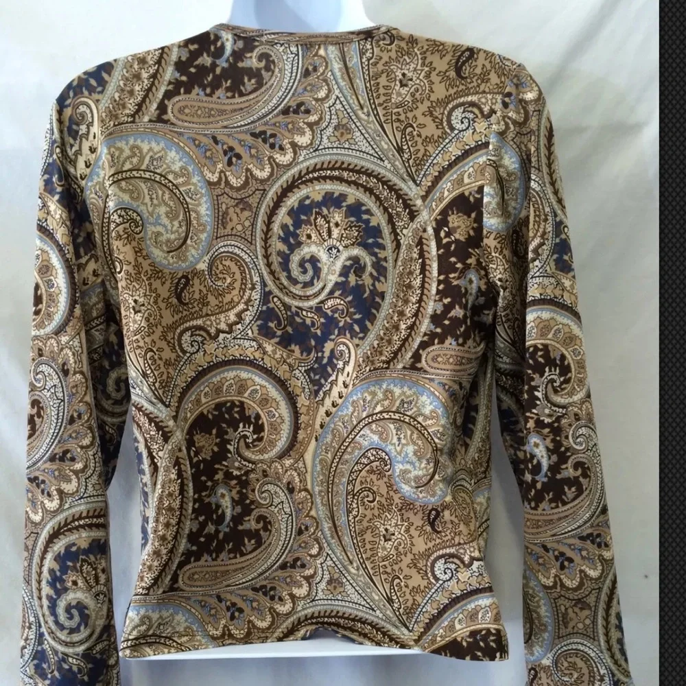 NALLY & MILLIE Blouse Boho V Neck Stretchy Crossover Paisley Brown